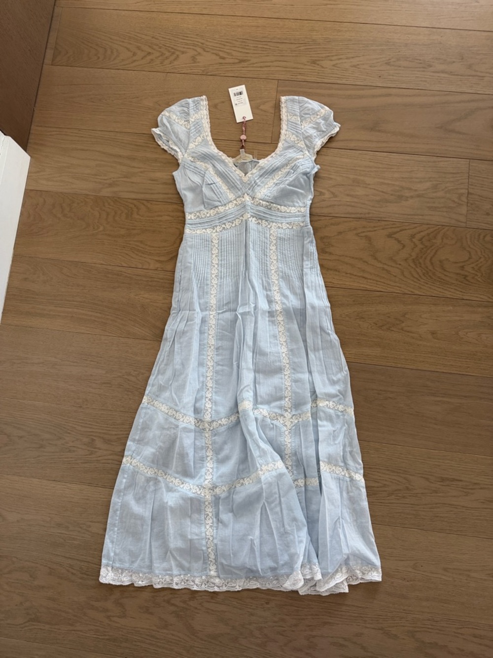 LoveShackFancy Light Blue Maxi Dress with Cream Lace Trim